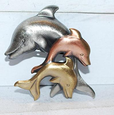Triple DOLPHINS BROOCH (2" x 2") in Gold, Rose Gold & Silver Colors on a Dark Tin Setting
