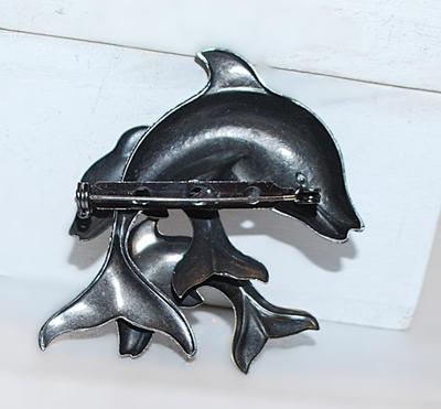 Triple DOLPHINS BROOCH (2" x 2") in Gold, Rose Gold & Silver Colors on a Dark Tin Setting