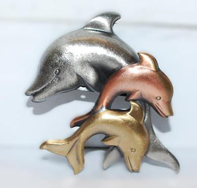Triple DOLPHINS BROOCH (2" x 2") in Gold, Rose Gold & Silver Colors on a Dark Tin Setting