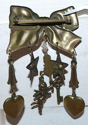 HEARTS, STARS, CHERUB & KEY Dangles on a BOWTIE RIBBON Style BROOCH (3" x 2") on a Dark "Brass" Setting