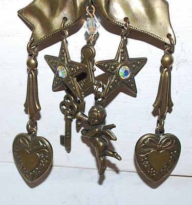 HEARTS, STARS, CHERUB & KEY Dangles on a BOWTIE RIBBON Style BROOCH (3" x 2") on a Dark "Brass" Setting