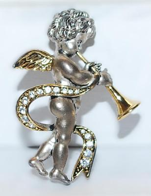 VINTAGE Silver & Gold Colored Horn-Blowing CHERUB BROOCH (2" x 1½") on a Silver Tone Setting