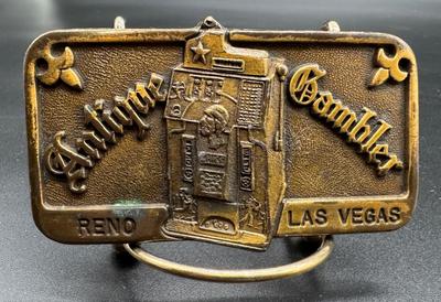 Antique Gambler Large Brass Belt Buckle - Reno Las Vegas