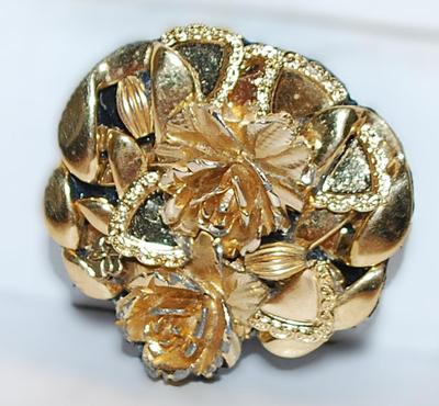 Handcrafted Gold Colored BROOCH (1¾" Diam.) with Roses & Scales on a Black Acrylic Setting