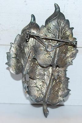 Triple Leaves in Colors Metal BROOCH (3" x 1¾") on a Silver Tone Back