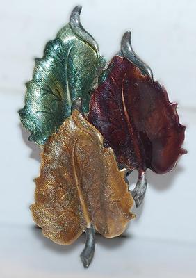 Triple Leaves in Colors Metal BROOCH (3" x 1¾") on a Silver Tone Back