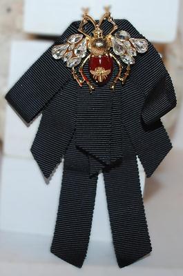 Bejeweled "BEES on a TUXEDO" BROOCH (5½" x 4") with a RED & GOLD Colored Bee and a Black Ribbon...
