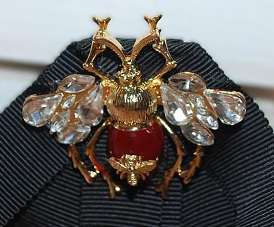 Bejeweled "BEES on a TUXEDO" BROOCH (5½" x 4") with a RED & GOLD Colored Bee and a Black Ribbon...