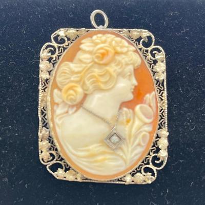 LOT 61: Vintage / Antique Art Deco Cameo 14K White Gold and Diamond Cameo Pin / Pendant - 9.8 grams total weight