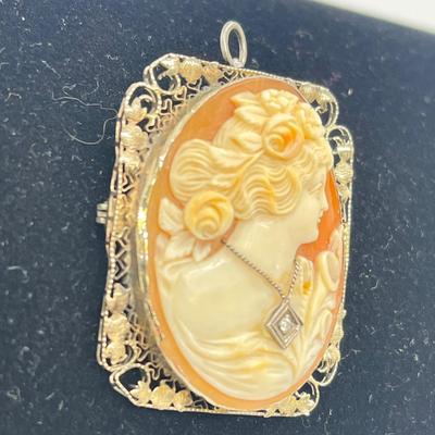 LOT 61: Vintage / Antique Art Deco Cameo 14K White Gold and Diamond Cameo Pin / Pendant - 9.8 grams total weight