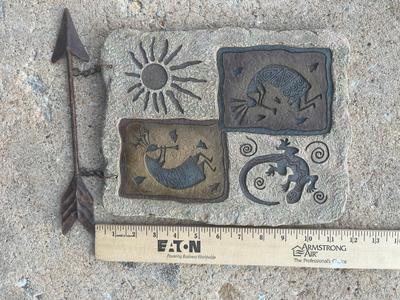 Sale Photo Thumbnail #421: 2 Kokopelli metal and iron statues and stone hanging plaque