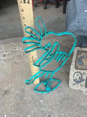 Sale Photo Thumbnail #419: 2 Kokopelli metal and iron statues and stone hanging plaque