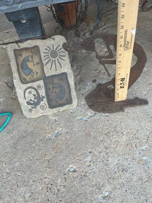 Sale Photo Thumbnail #420: 2 Kokopelli metal and iron statues and stone hanging plaque