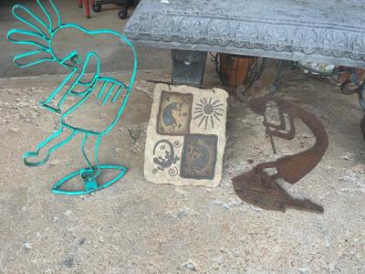 Sale Photo Thumbnail #418: 2 Kokopelli metal and iron statues and stone hanging plaque
