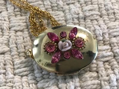 Vintage Locket with porcelain rose and pink Rhinestone