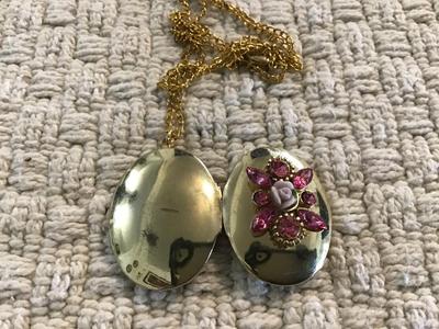 Vintage Locket with porcelain rose and pink Rhinestone