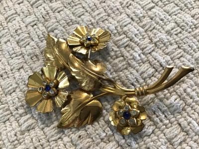 1950 Blue Rhinestone Flower Brooch Large