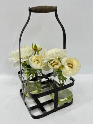French Country Style Metal 4 Compartment Bottle Holder with 2 Faux Bed Vases