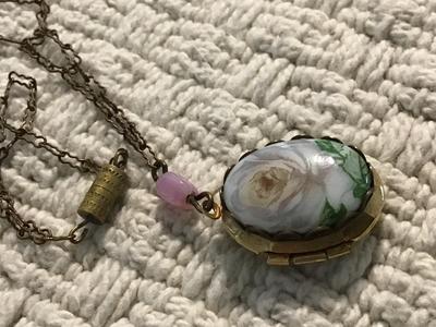 Vintage Porcelain Locket Vintage Paper clip chain Barrel Clasp