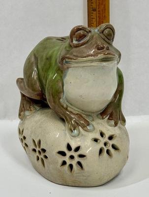 Ceramic Garden Art Frog figure onto rock Candleholder or Incense Holder for tea lights 6"