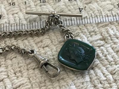 Vintage Watch Chain with Green Stone Cameo