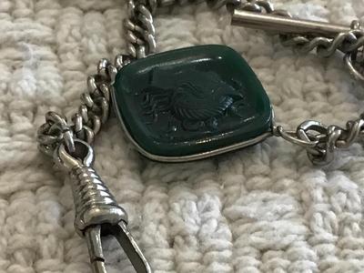 Vintage Watch Chain with Green Stone Cameo