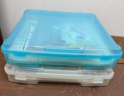 2 Plastic Hinged Lid Boxes with Photo Scrap Book Accessories Paper. Stickers Page Covers