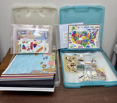 2 Plastic Hinged Lid Boxes with Photo Scrap Book Accessories Paper. Stickers Page Covers