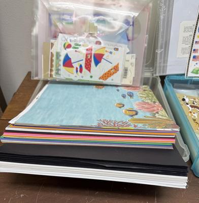 2 Plastic Hinged Lid Boxes with Photo Scrap Book Accessories Paper. Stickers Page Covers