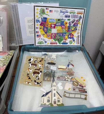 2 Plastic Hinged Lid Boxes with Photo Scrap Book Accessories Paper. Stickers Page Covers