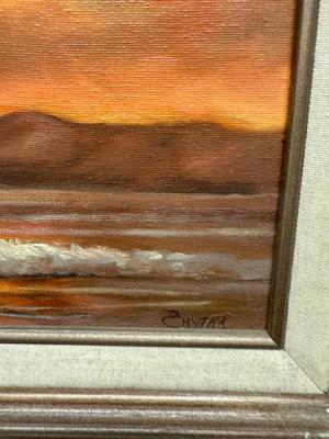 Framed Oil on Canvas: Late Afternoon Sunset Waves Breaking on a Beach