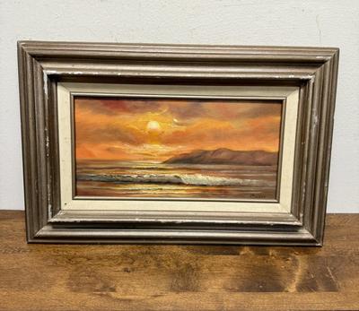 Framed Oil on Canvas: Late Afternoon Sunset Waves Breaking on a Beach