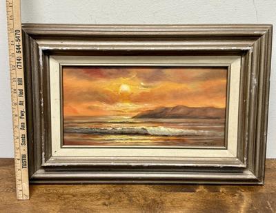 Framed Oil on Canvas: Late Afternoon Sunset Waves Breaking on a Beach