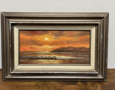 Framed Oil on Canvas: Late Afternoon Sunset Waves Breaking on a Beach