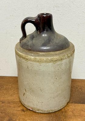 Antique Stoneware Whisky Jug Crock with Handle two-tone tan & brown