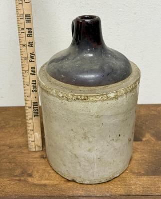 Antique Stoneware Whisky Jug Crock with Handle two-tone tan & brown