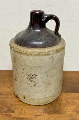 Antique Stoneware Whisky Jug Crock with Handle two-tone tan & brown