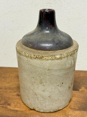 Antique Stoneware Whisky Jug Crock with Handle two-tone tan & brown