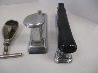 Vintage Nickle Plated Metal Screw Nutcracker - Staplers - Oil Can - Bottle Opener