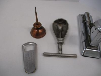 Vintage Nickle Plated Metal Screw Nutcracker - Staplers - Oil Can - Bottle Opener