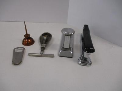 Vintage Nickle Plated Metal Screw Nutcracker - Staplers - Oil Can - Bottle Opener