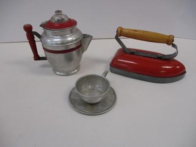 Child's Toy Iron 1950's Laundry-Day Helper - Child Doll Aluminum Coffee Percolator With Red Wood Handle & Lid - Aluminum...