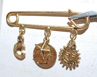 "MOONS & STAR" Charm-Style PIN BROOCH (2" x 1⅛") on a Gold Tone "Safety Pin"