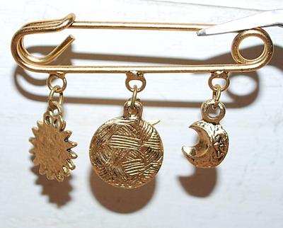 "MOONS & STAR" Charm-Style PIN BROOCH (2" x 1⅛") on a Gold Tone "Safety Pin"