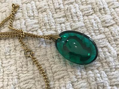 Green Glass Cameo On Vintage Chain
