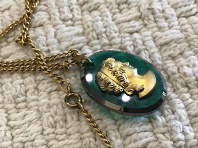 Green Glass Cameo On Vintage Chain