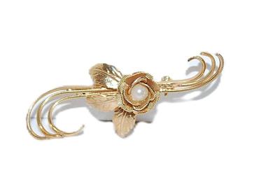 "GOLD ROSE & LEAVES" BROOCH (2¼" x ¾") with Swirled Rope Accents on a Gold Tone Setting