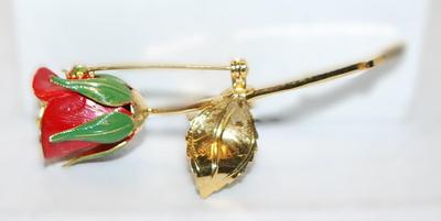 Single RED ROSE BROOCH (3" x 1") with Stem and 2 Green Leaves on a Gold Tone Setting