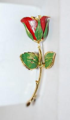 Single RED ROSE BROOCH (3" x 1") with Stem and 2 Green Leaves on a Gold Tone Setting