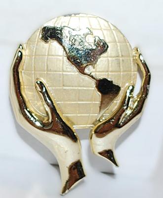 "Hands Holding the World" BROOCH (2½" x 2¼") on a Gold Tone Setting